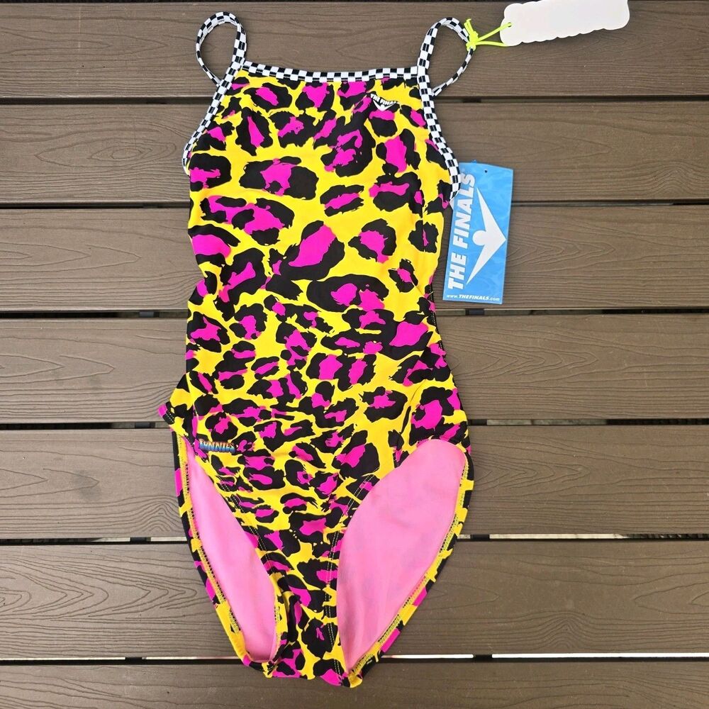 The Finals Womens Yellow/pink Furtastic Flutterback Swimsuit  Sz 30 New